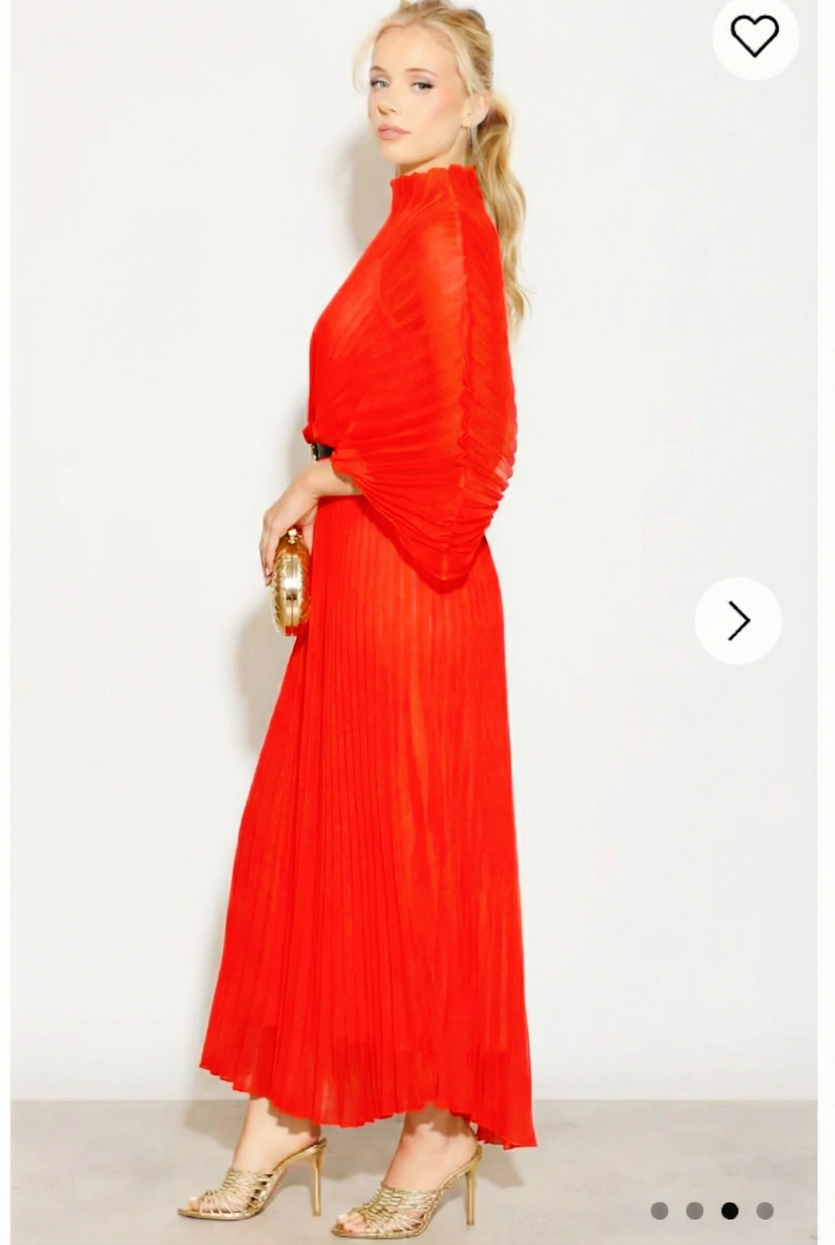 Pleated long dress with organza pleated cape sleeves in Red
