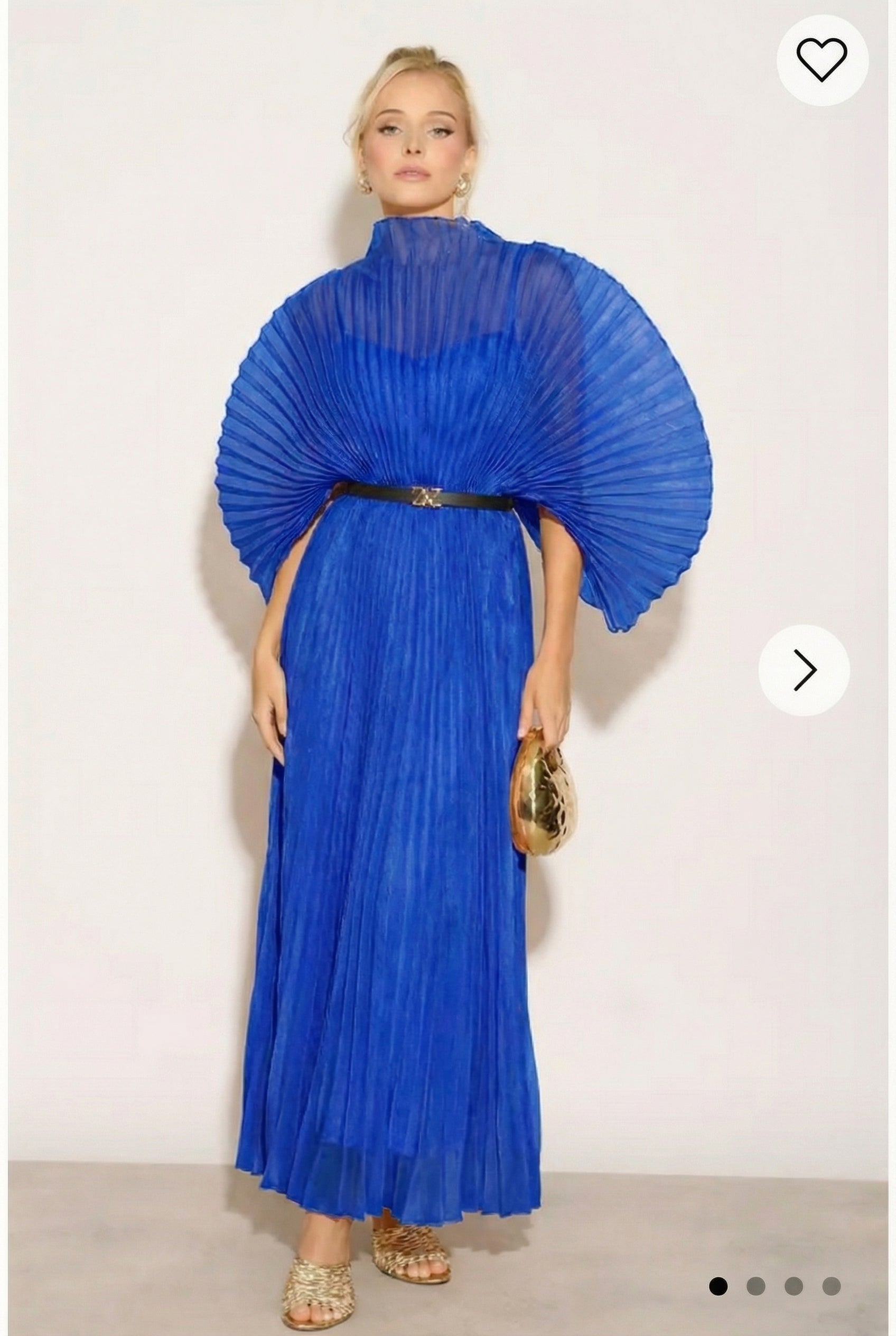 Pleated long dress with organza pleated cape sleeves in Royal Blue