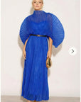 Pleated long dress with organza pleated cape sleeves in Royal Blue