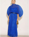 Pleated long dress with organza pleated cape sleeves in Royal Blue