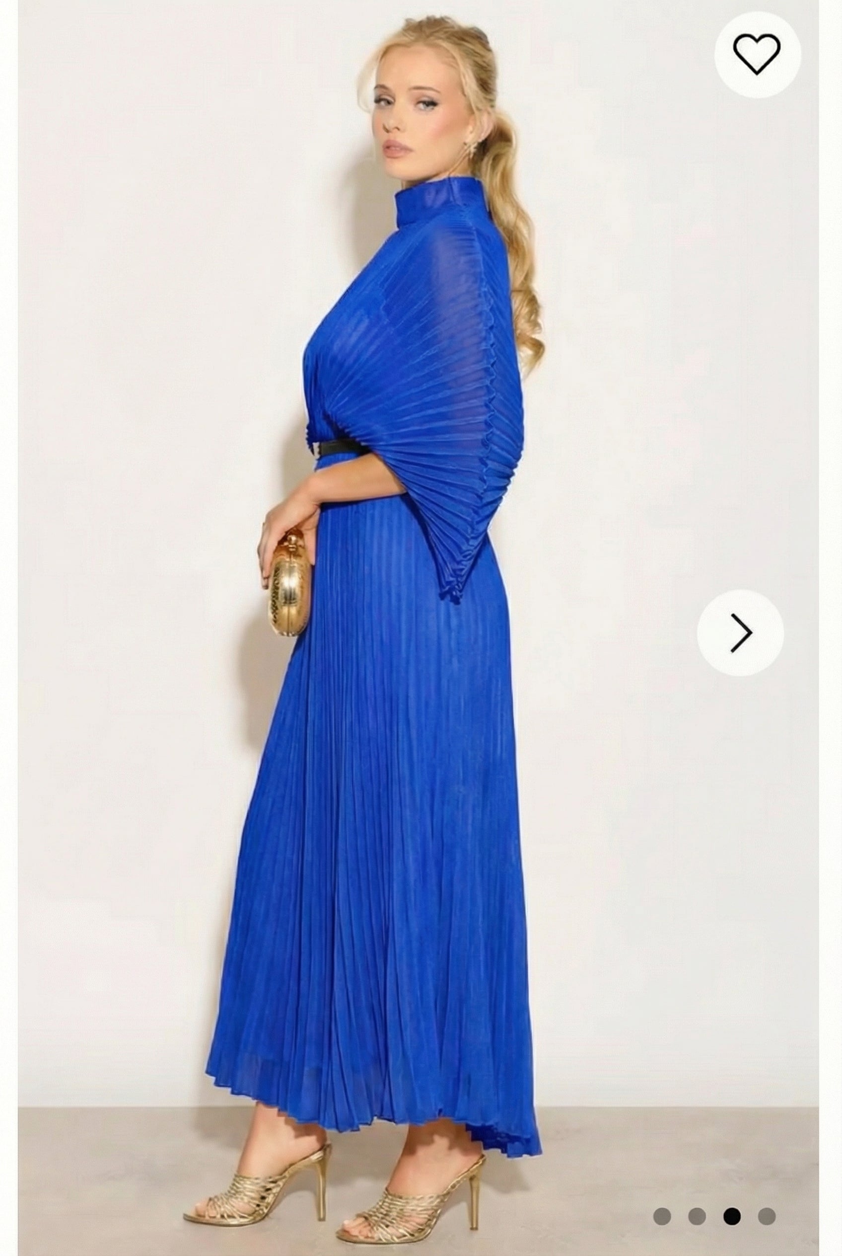 Pleated long dress with organza pleated cape sleeves in Royal Blue