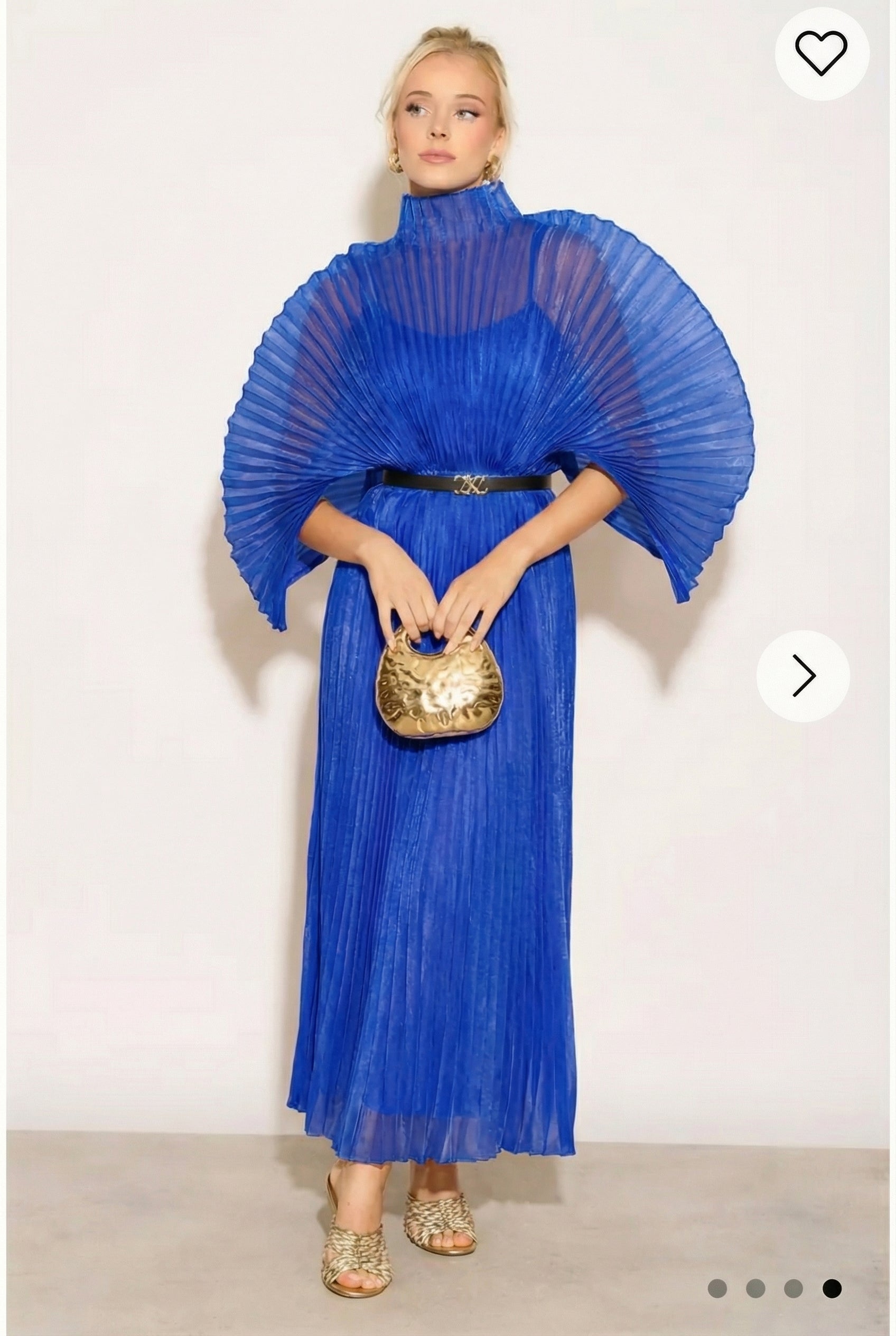 Pleated long dress with organza pleated cape sleeves in Royal Blue