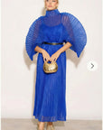 Pleated long dress with organza pleated cape sleeves in Royal Blue
