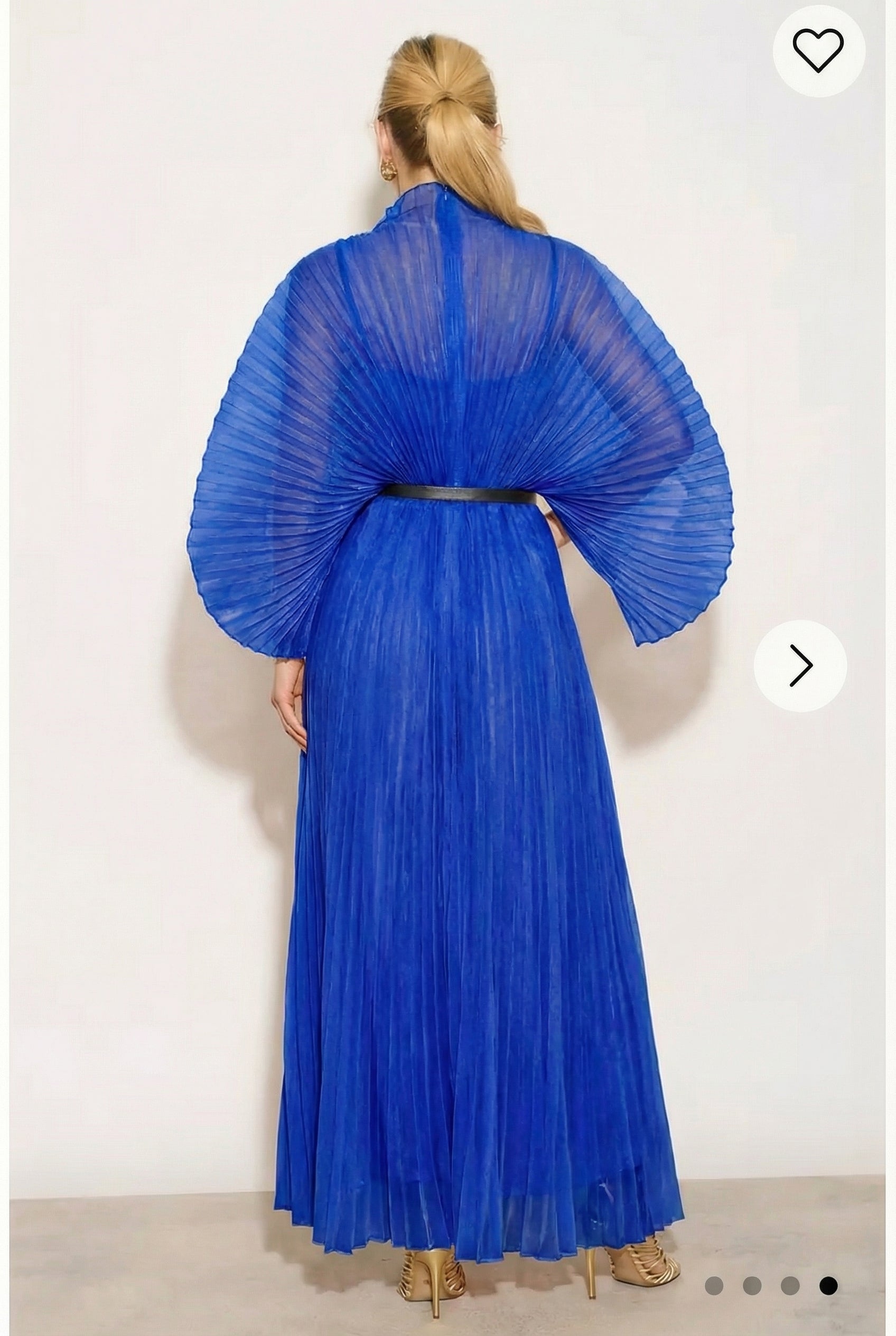 Pleated long dress with organza pleated cape sleeves in Royal Blue