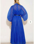 Pleated long dress with organza pleated cape sleeves in Royal Blue
