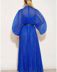 Pleated long dress with organza pleated cape sleeves in Royal Blue