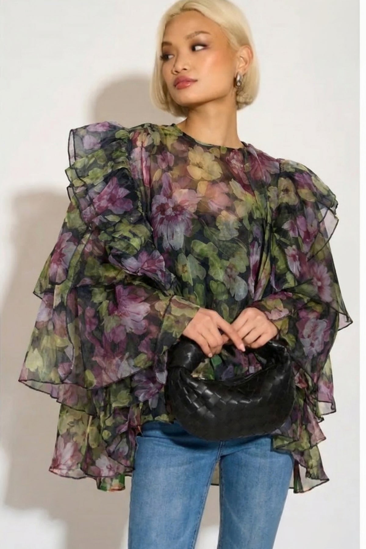 Statement Ruffle Organza Garden Floral Blouse