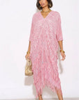 Layers Multi Fringed Tassel Pleated Midi Dress in Pink