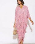 Layers Multi Fringed Tassel Pleated Midi Dress in Pink