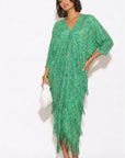 Layers Multi Fringed Tassel Pleated Midi Dress in Green