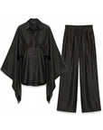 Sunset Satin Cape-Sleeve Shirt & Wide-Leg Trouser Co-Ord In Black