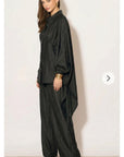 Sunset Satin Cape-Sleeve Shirt & Wide-Leg Trouser Co-Ord In Black