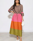 Multi-Colour Pleated Midi Dress With Adjustable Waist In Pink Orange Green