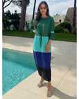 Multi-Colour Pleated Midi Dress With Adjustable Waist In Green