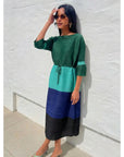 Multi-Colour Pleated Midi Dress With Adjustable Waist In Green
