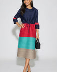 Multi-Colour Pleated Midi Dress With Adjustable Waist In Navy