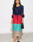 Multi-Colour Pleated Midi Dress With Adjustable Waist In Navy