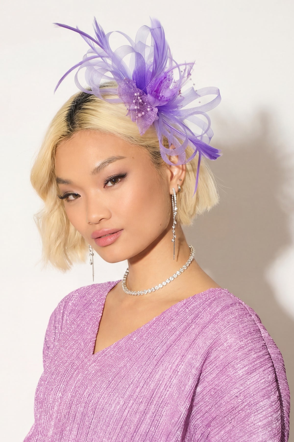 Feather &amp; Floral Fascinator Headband In Purple