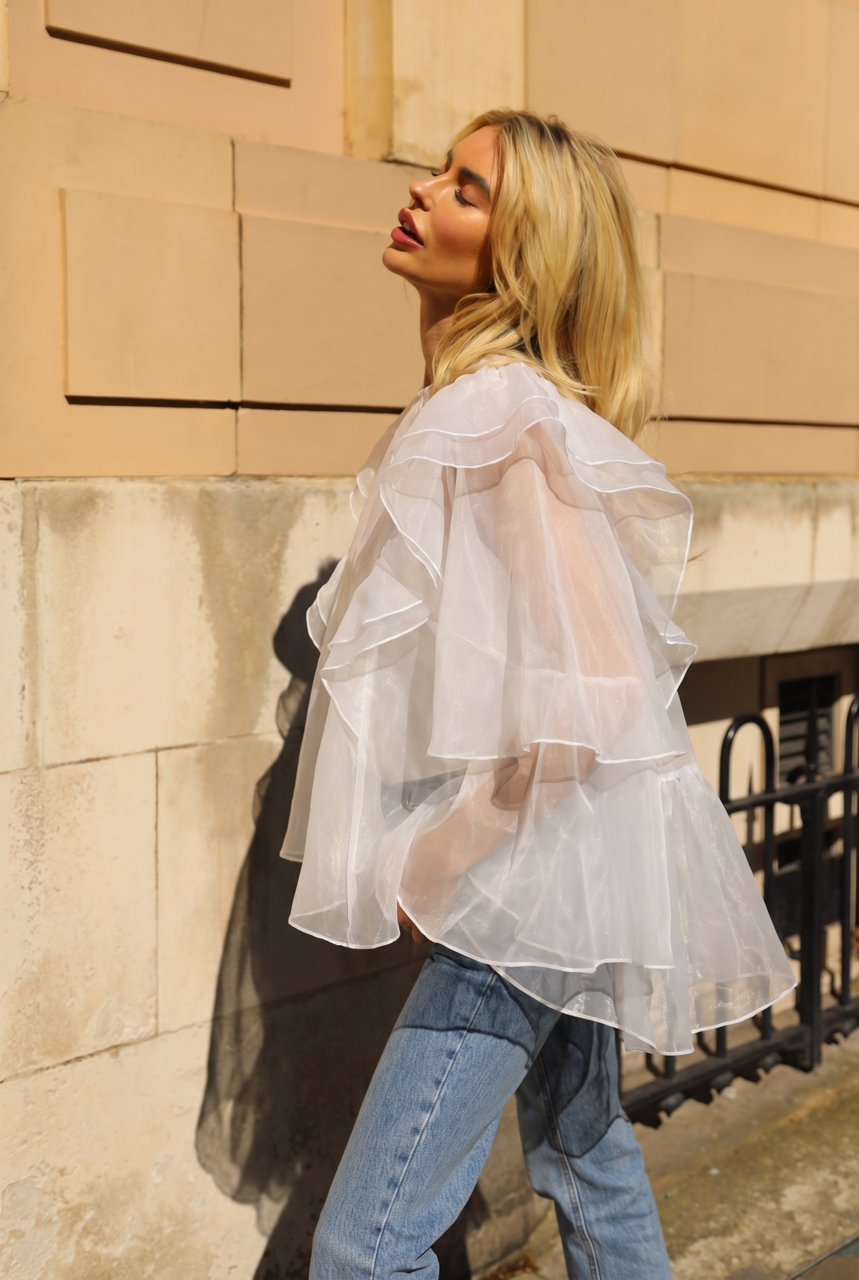 Statement Ruffle Design Organza Ruffle Blouse In White