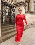 Pleated Maxi Dress with Statement Belt In Red