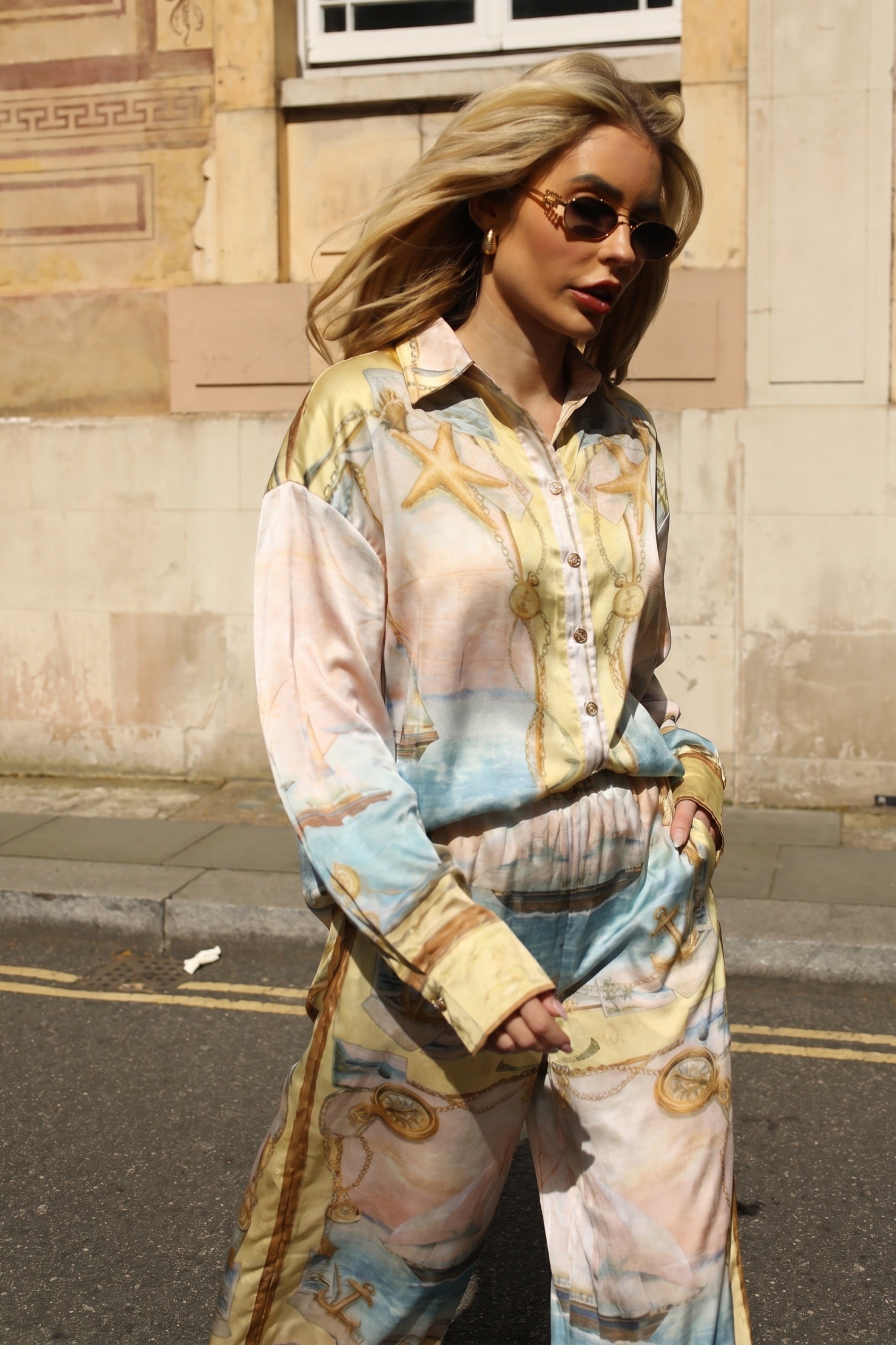 Ocean Treasure Print Relaxed Shirt &amp; Trousers Co-Ord Set In Yellow