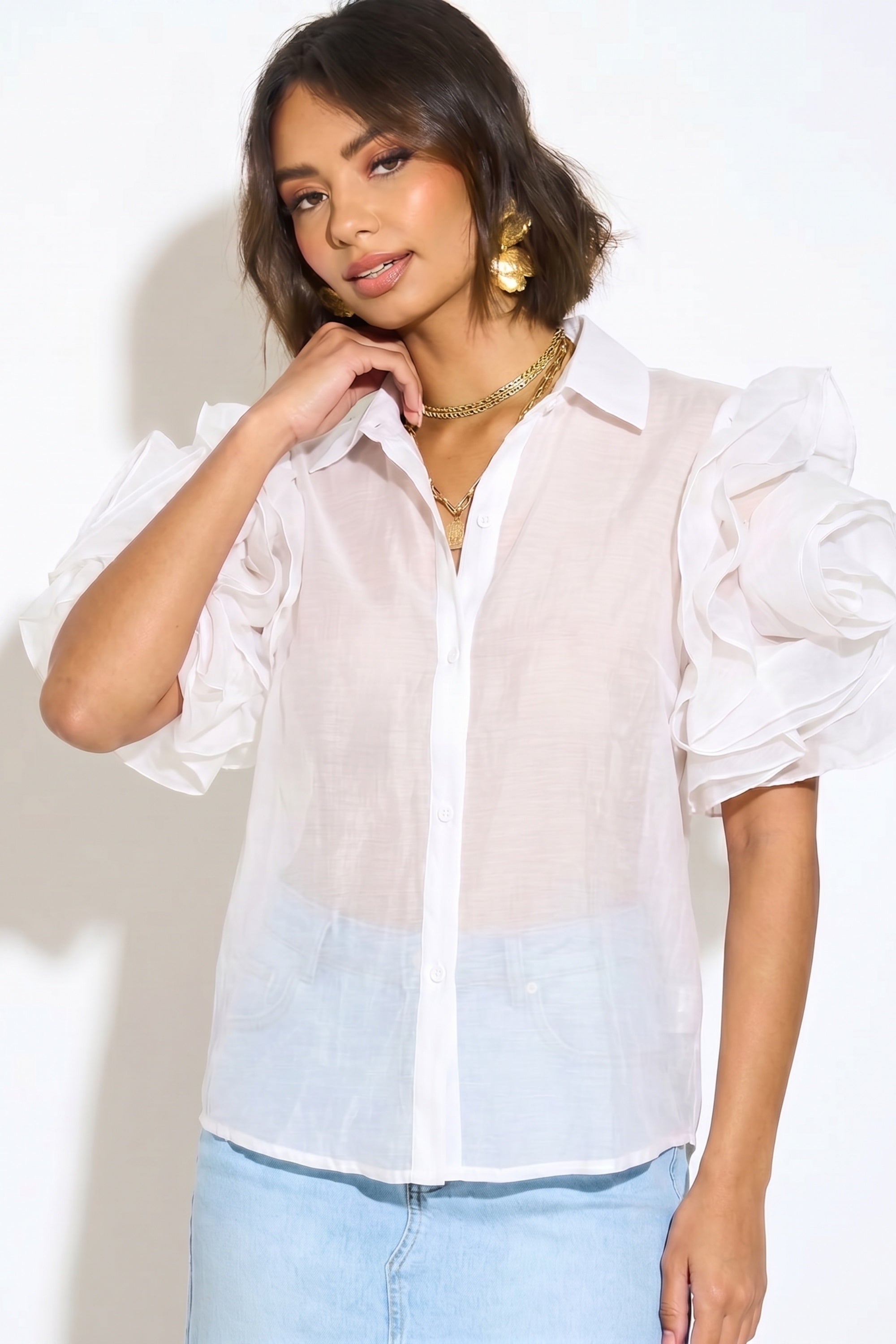 Double Layered Ruffles statements sleeves shirt top in White