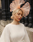 Large Wide Brim Bow Fascinator In Peach