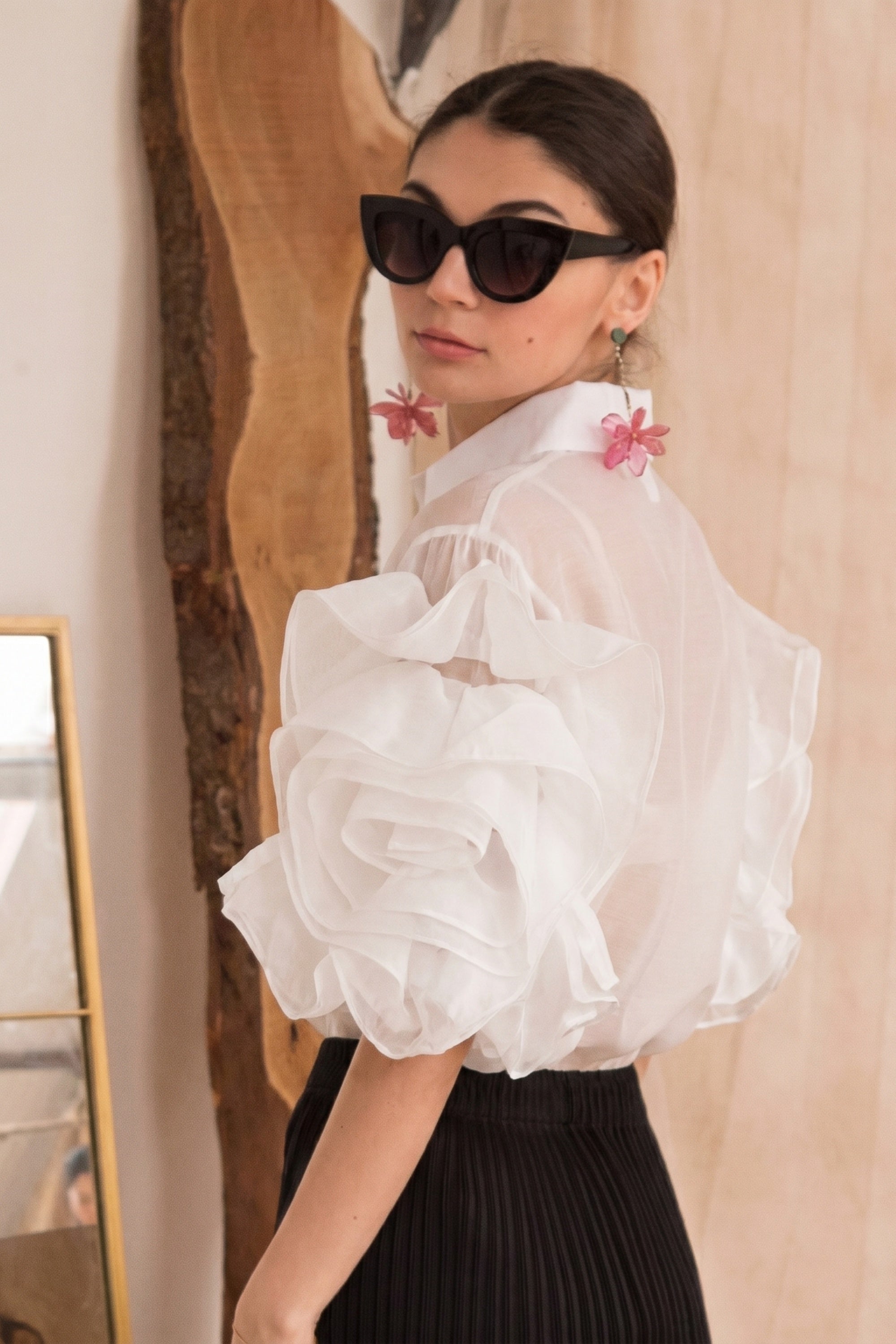 Double Layered Ruffles statements sleeves shirt top in White