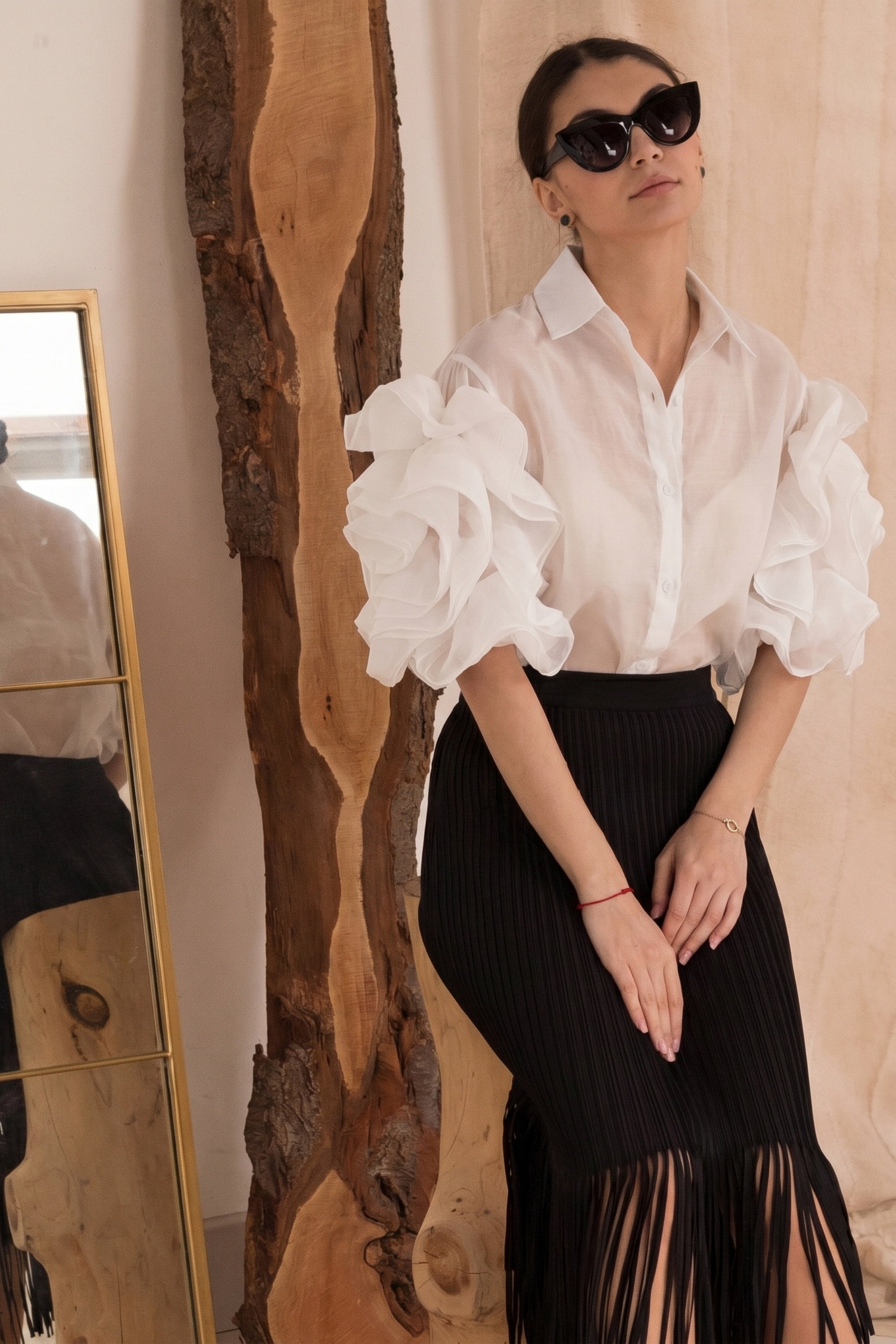 Double Layered Ruffles statements sleeves shirt top in White