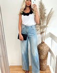 Denim Print Pleated Wide Leg Trousers