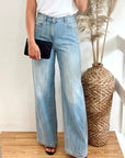 Denim Print Pleated Wide Leg Trousers