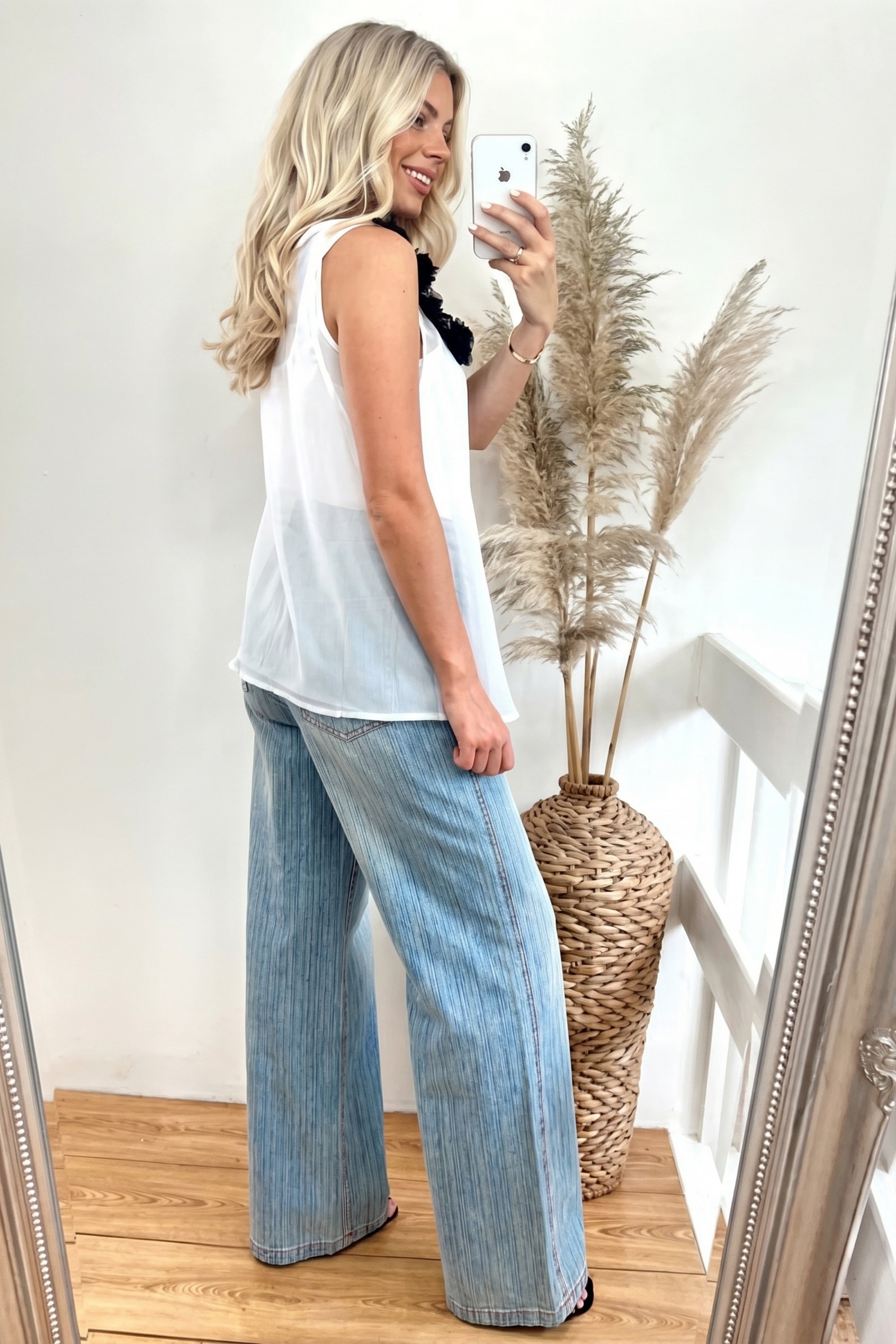 Denim Print Pleated Wide Leg Trousers