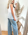Denim Print Pleated Wide Leg Trousers