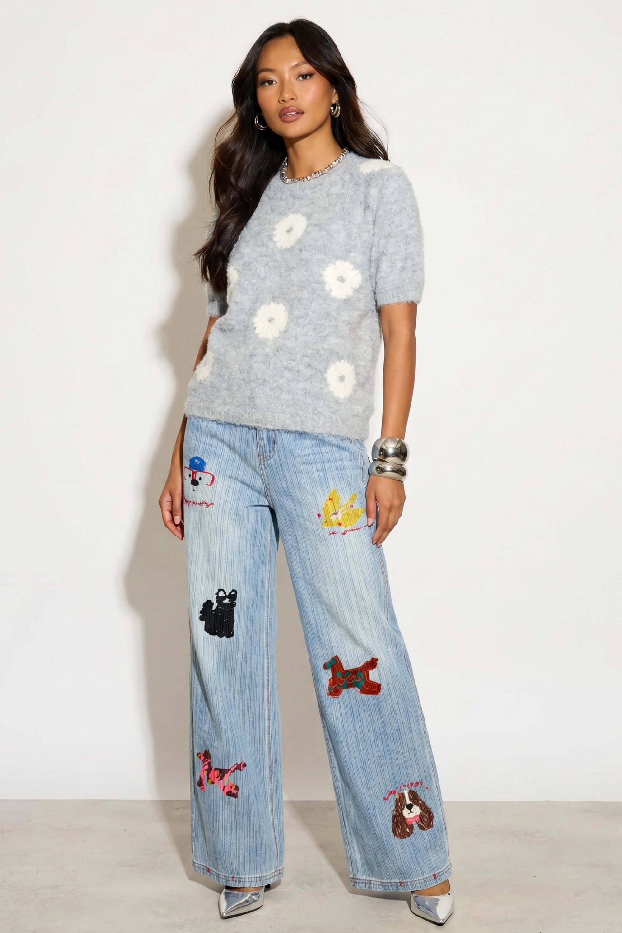 Denim Print Animal Graffiti Pleated Wide Leg Trousers