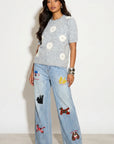 Denim Print Animal Graffiti Pleated Wide Leg Trousers