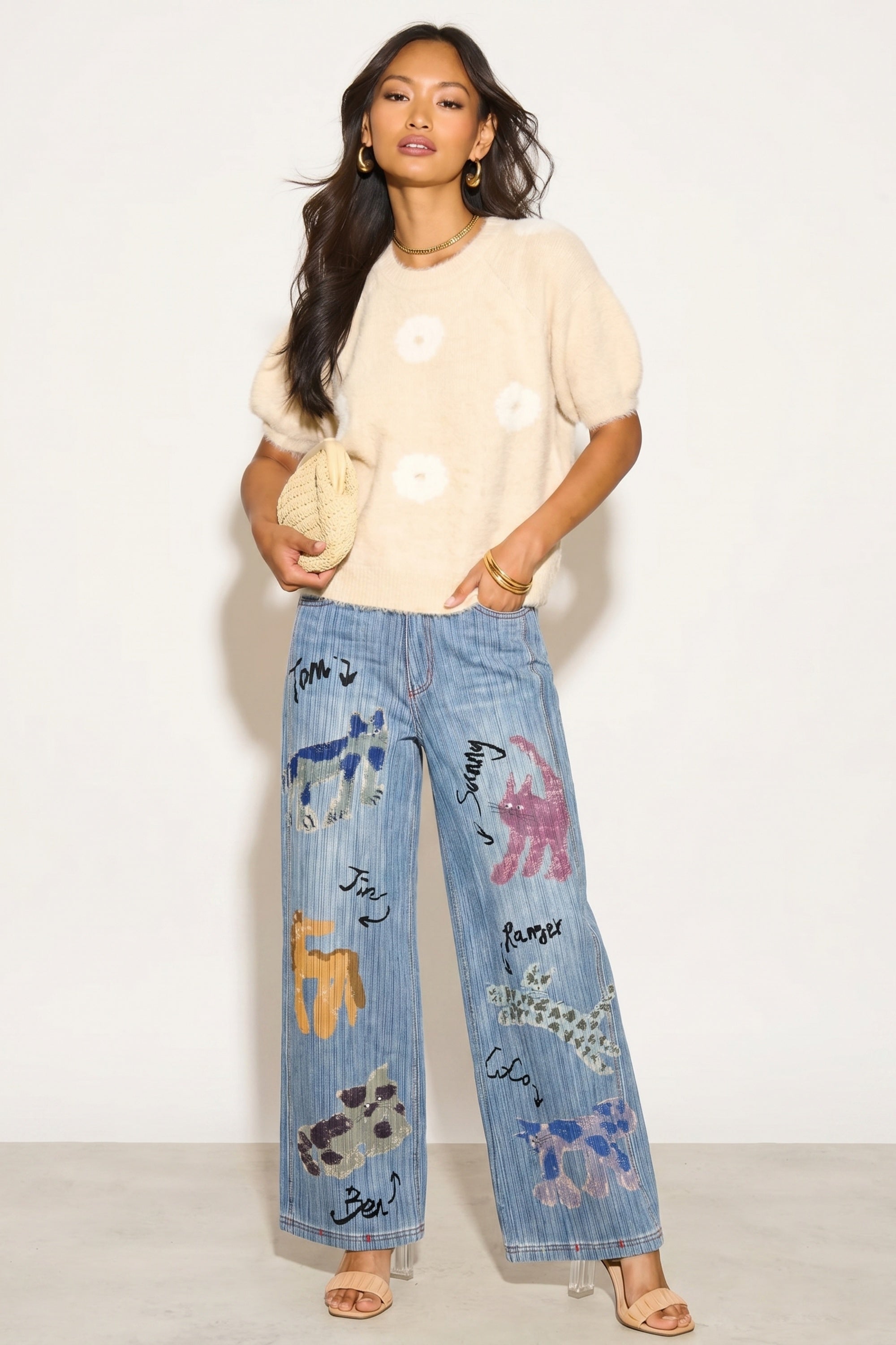 Denim Print Animal Graffiti Pleated Wide Leg Trousers