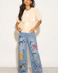 Denim Print Animal Graffiti Pleated Wide Leg Trousers