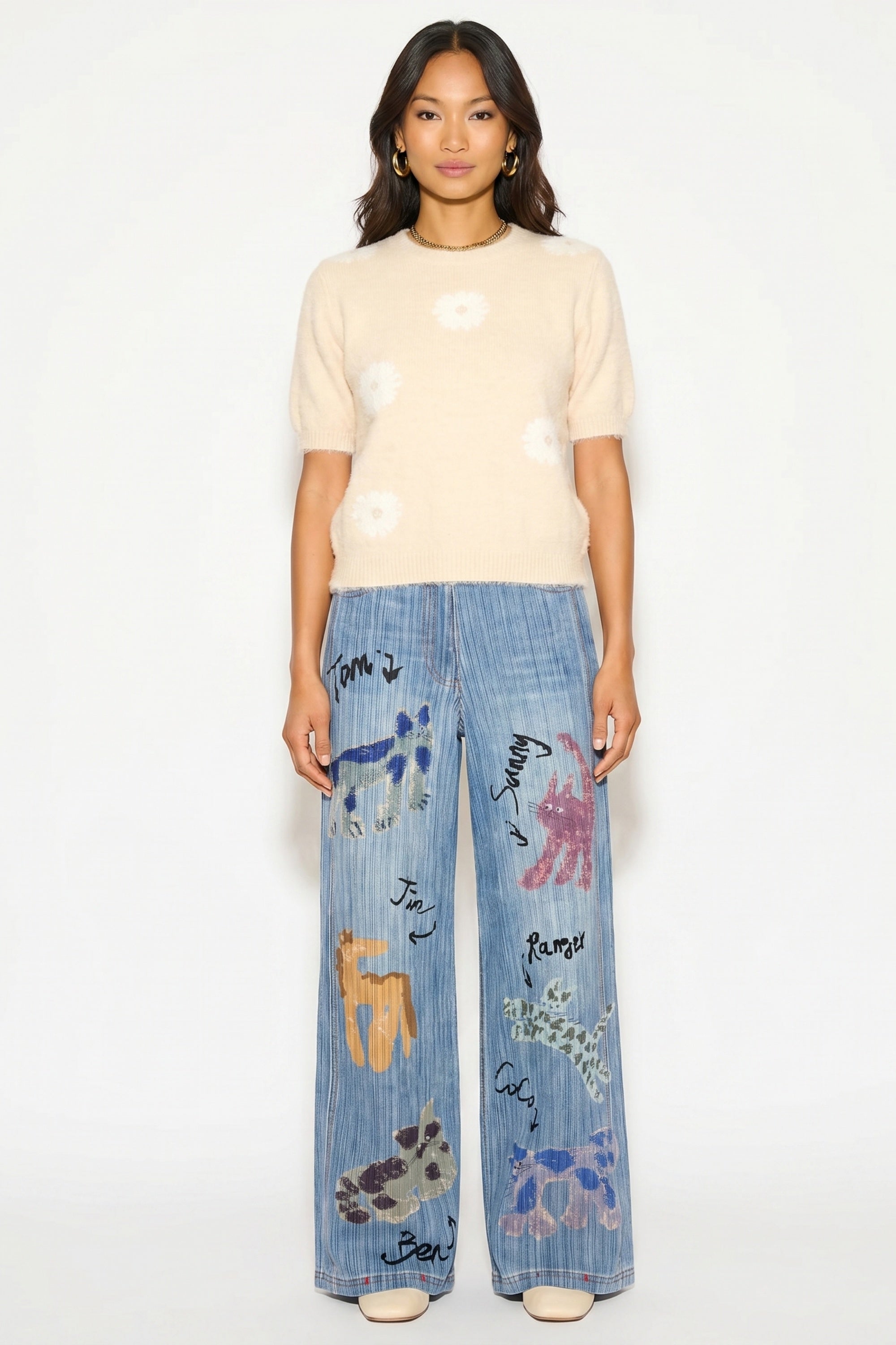 Denim Print Animal Graffiti Pleated Wide Leg Trousers