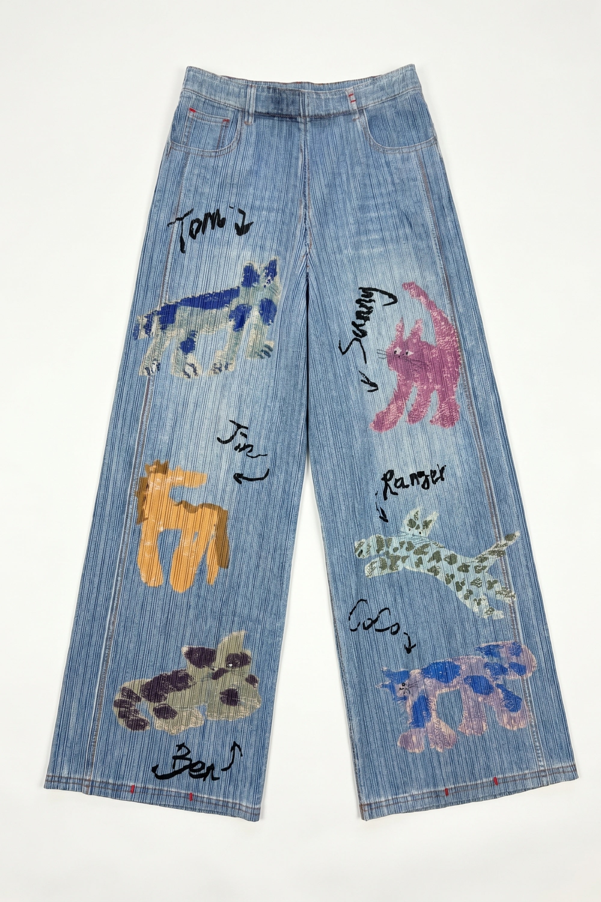 Denim Print Animal Graffiti Pleated Wide Leg Trousers