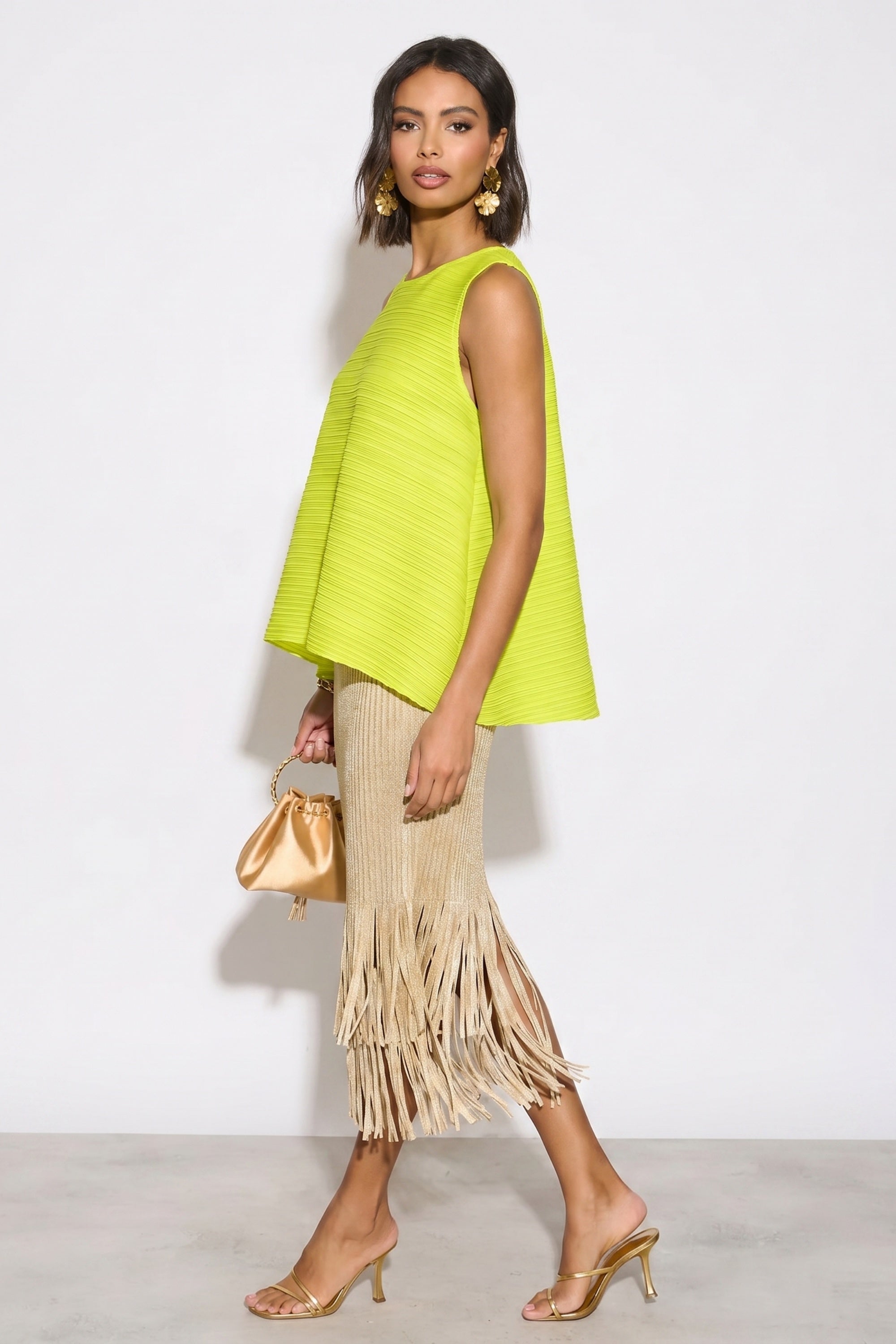 Yellow Pleated Sleeveless Swing Top