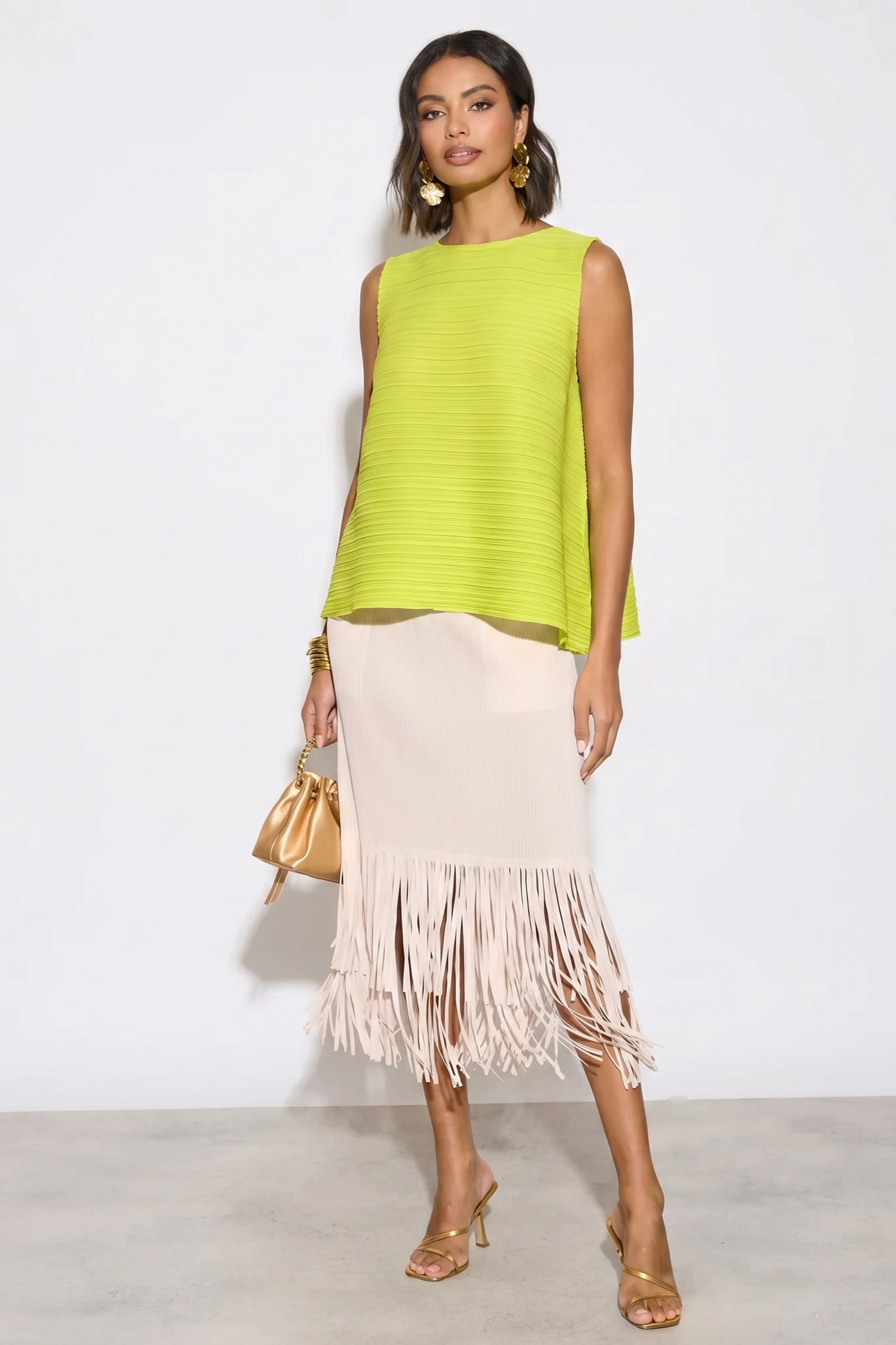 Yellow Pleated Sleeveless Swing Top