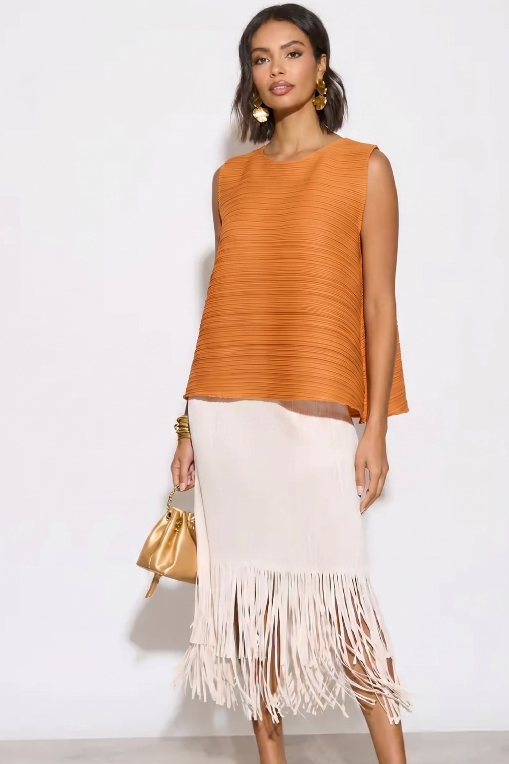 Orange Pleated Sleeveless Swing Top
