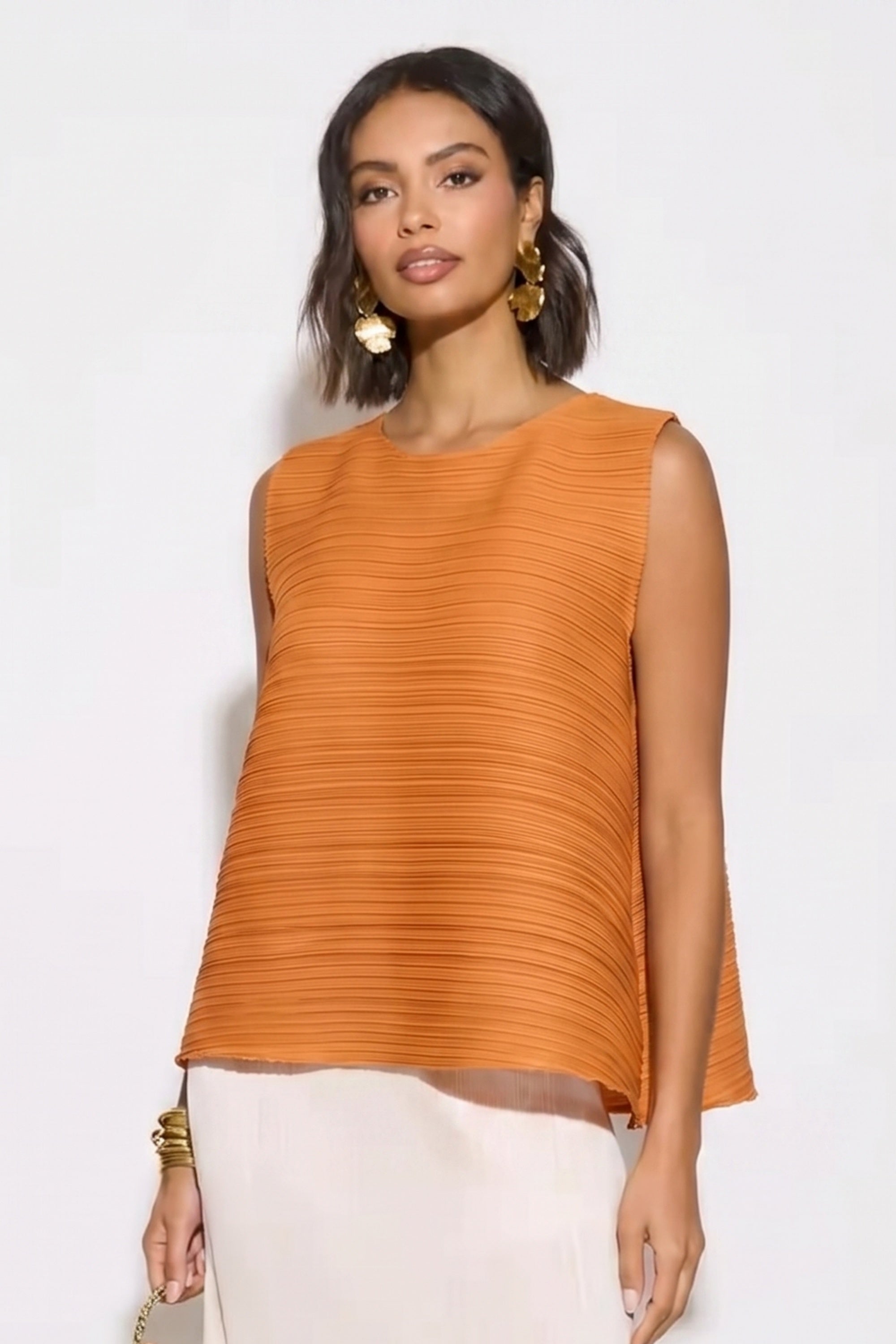 Orange Pleated Sleeveless Swing Top