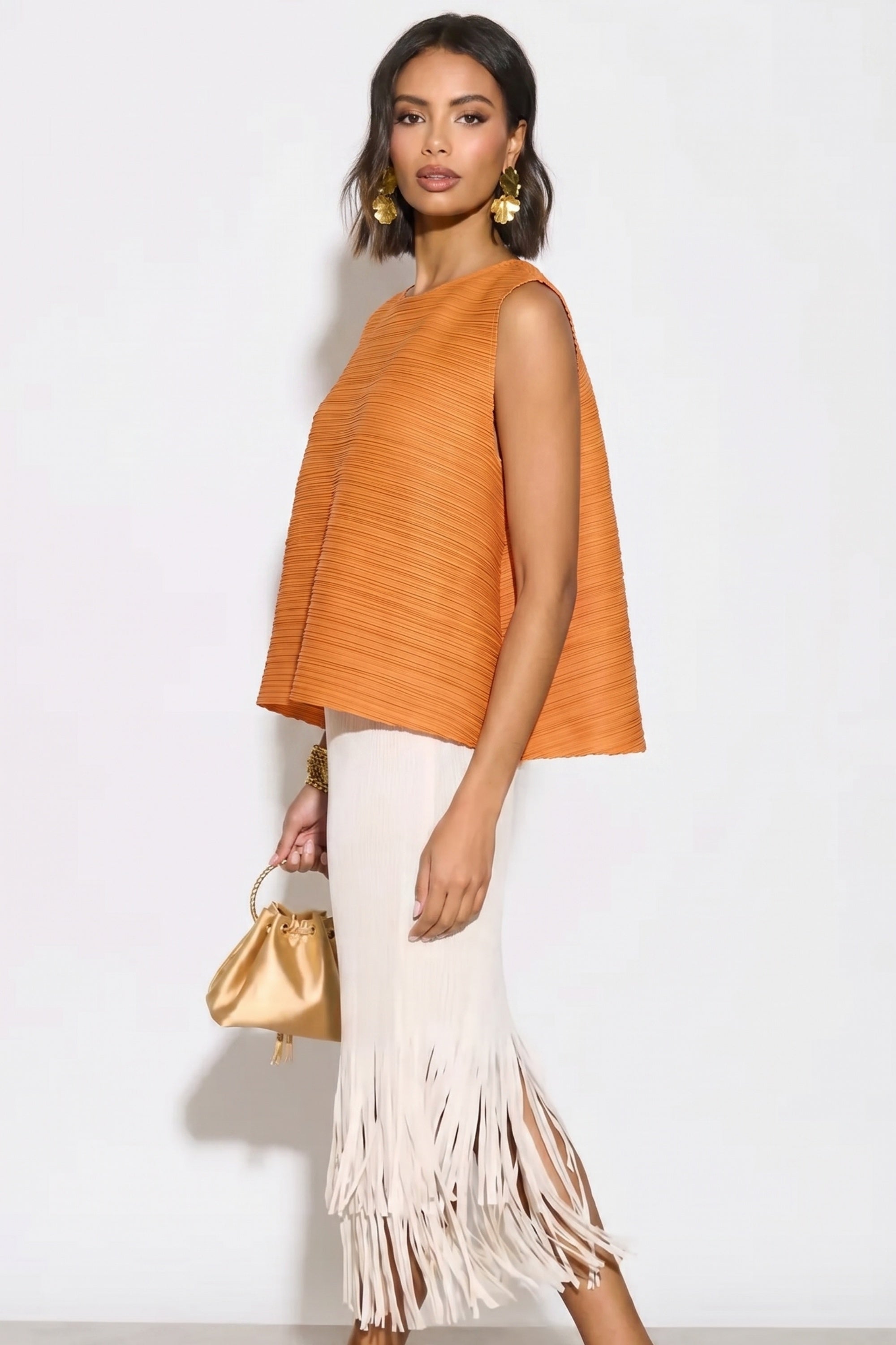 Orange Pleated Sleeveless Swing Top