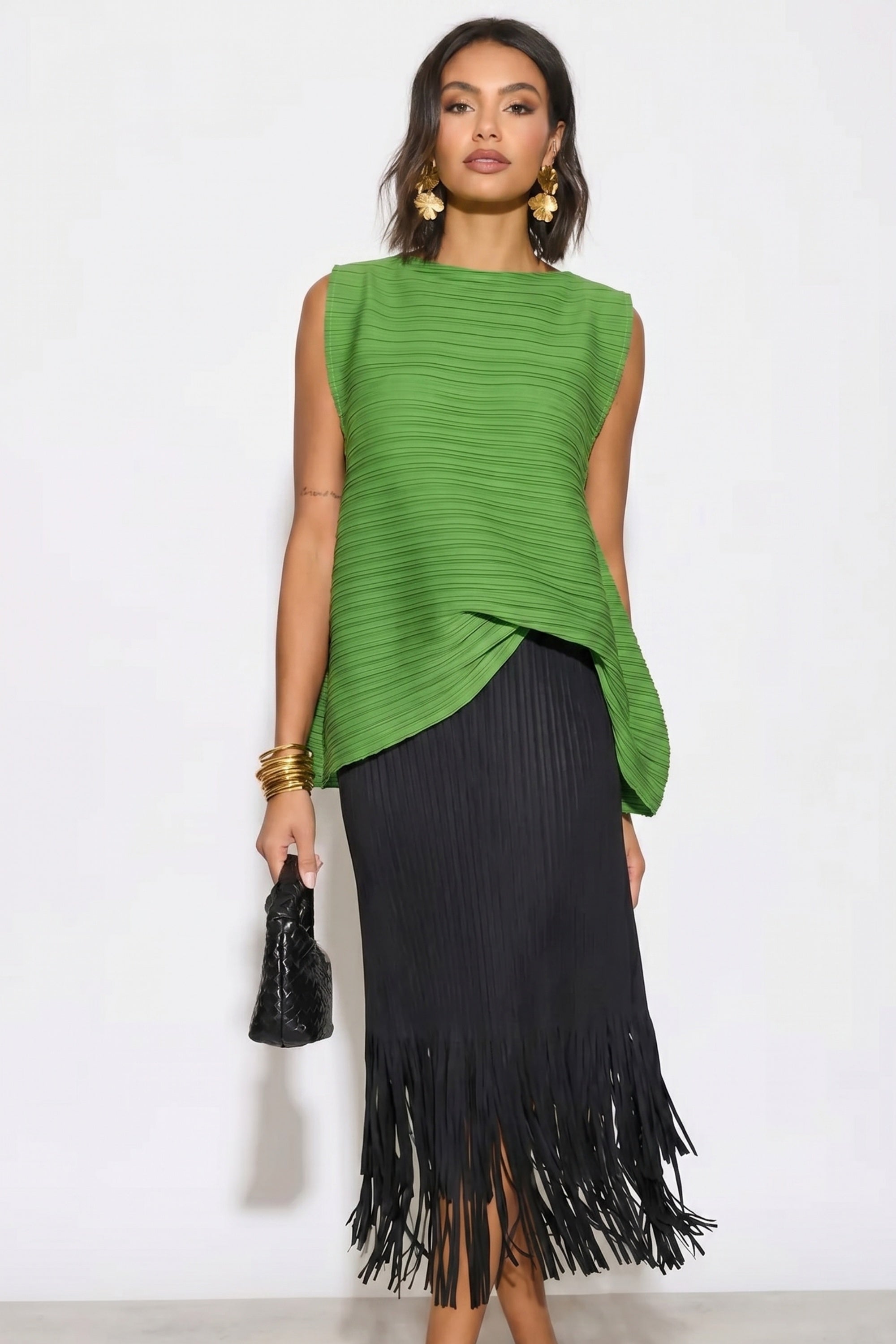Olive Green Pleated Sleeveless Swing Top