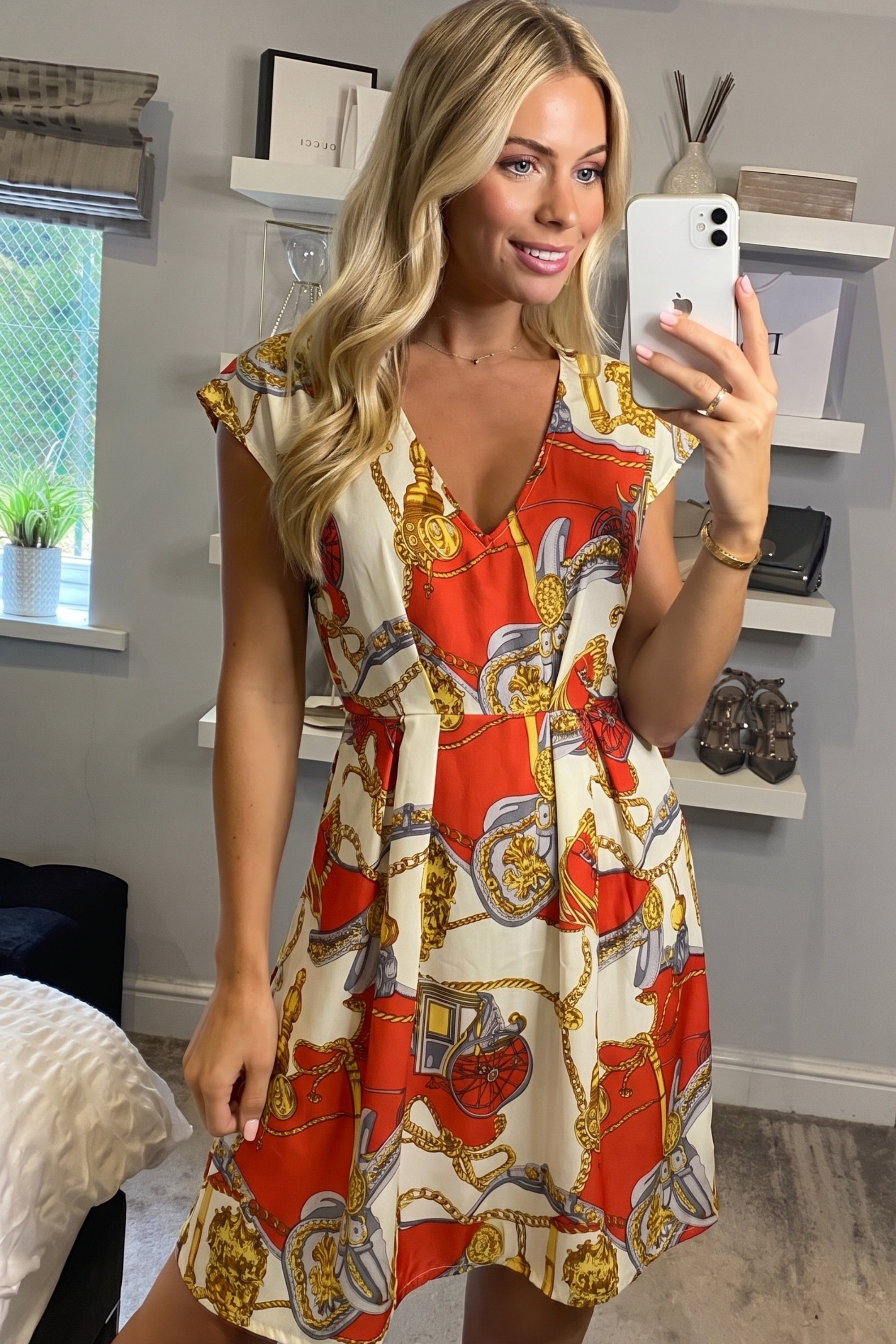 Vintage Print V-Neck Skater Mini Dress