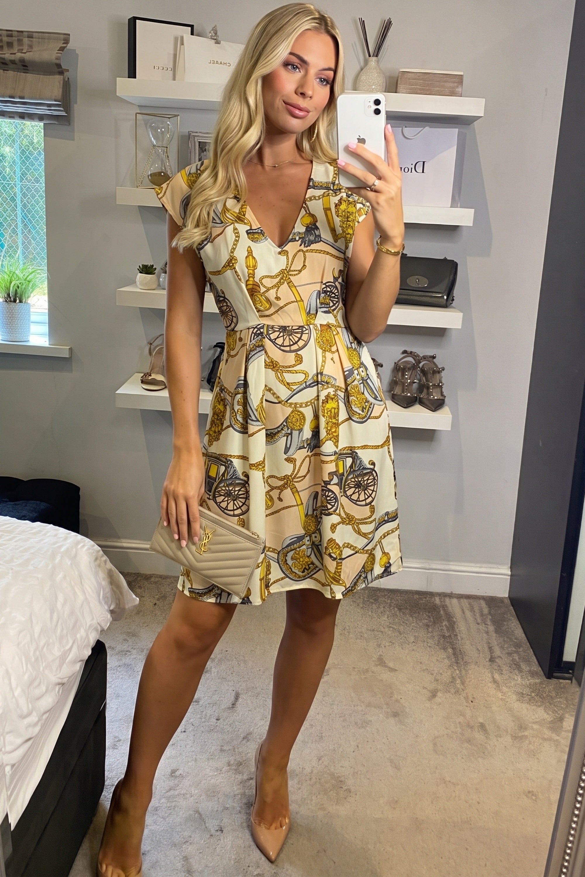 Vintage Print V-Neck Skater Mini Dress