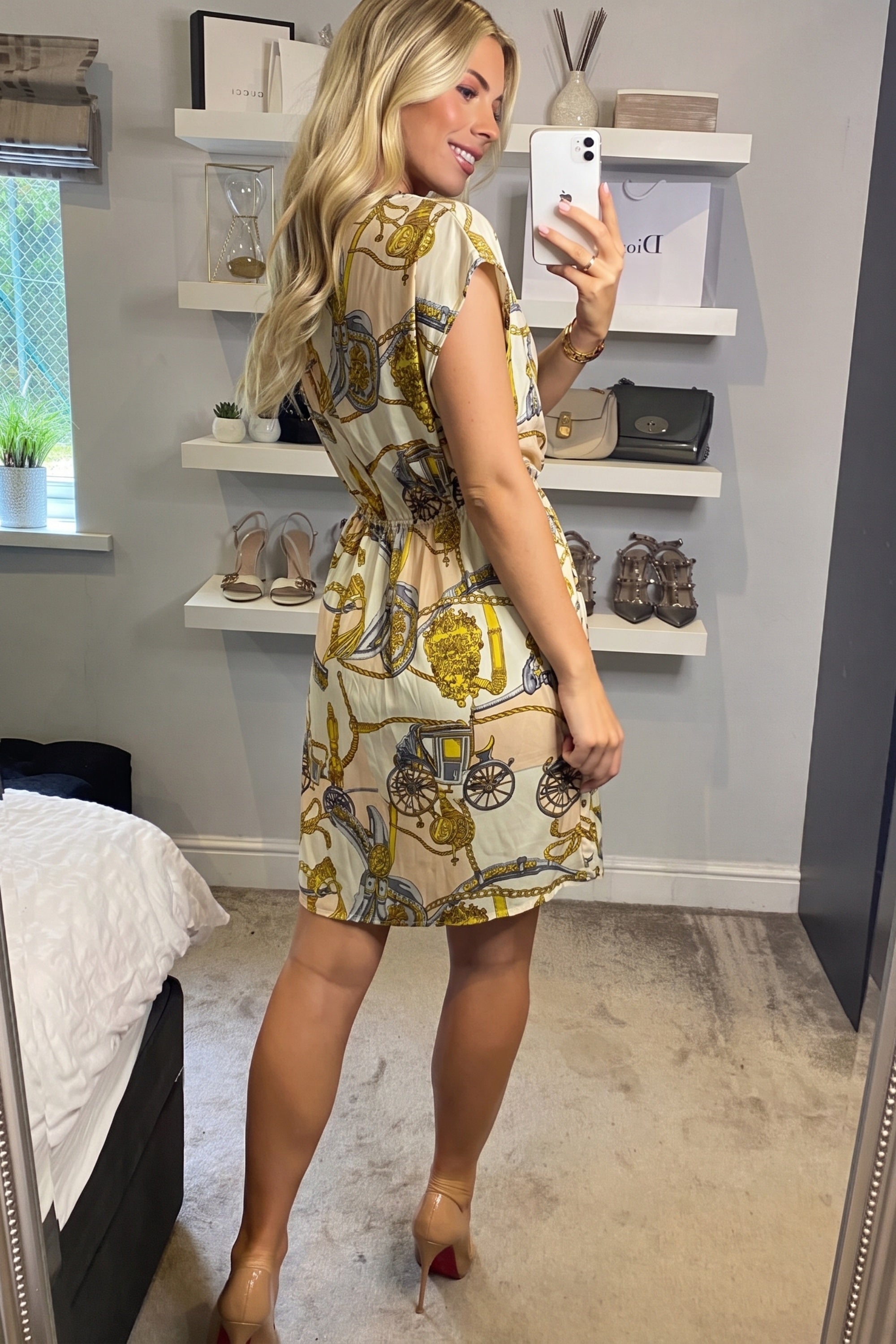 Vintage Print V-Neck Skater Mini Dress