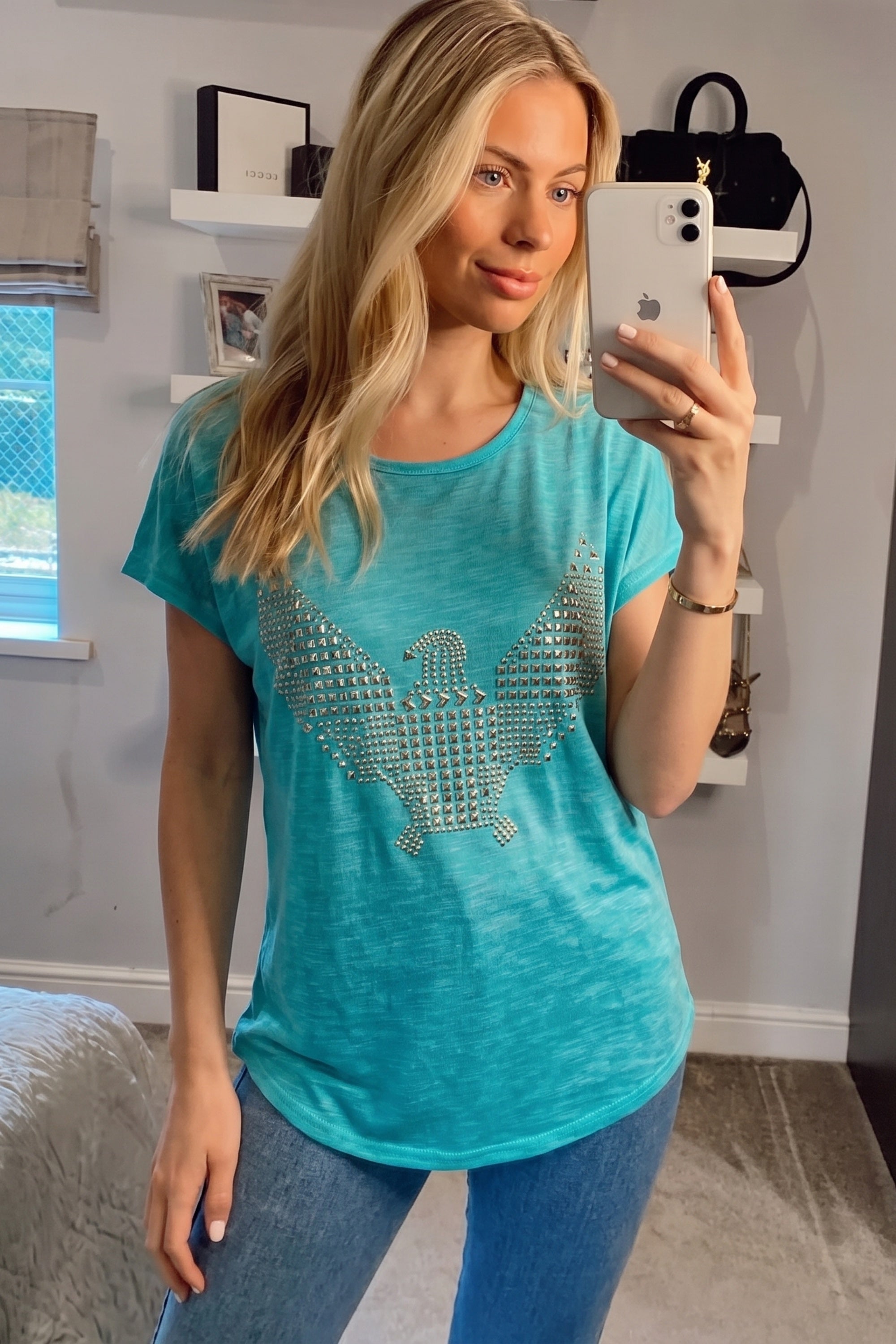 Gold Eagle embellished T-shirt  (TURQ)