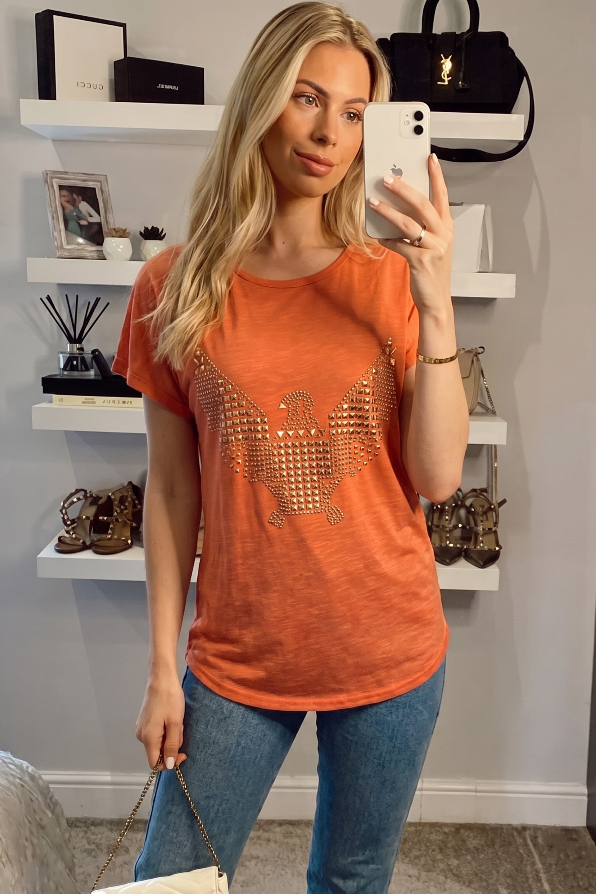Gold Eagle embellished T-shirt  (ORANGE)